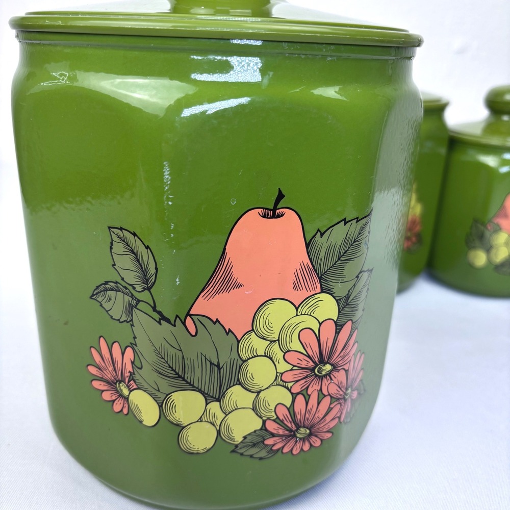 Vintage MCM‎ Kromex Metal Canister Set Fruits and Flowers Set of 4 Green